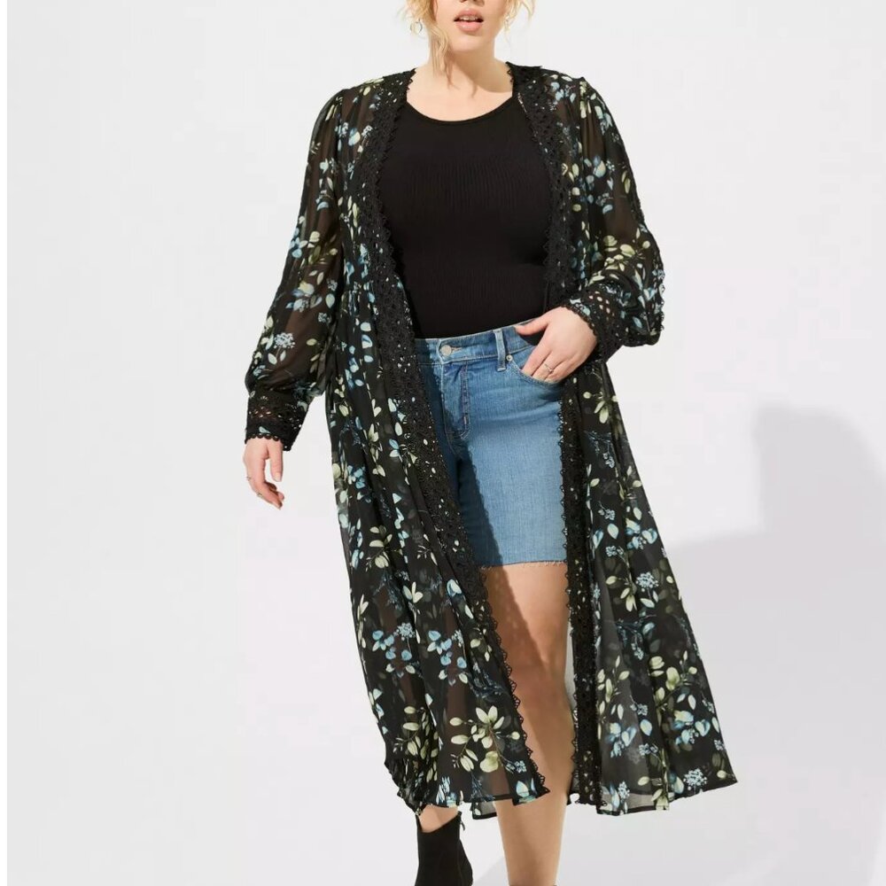 Torrid Chiffon Tie Front Maxi Kimono NWT sheer floral lace